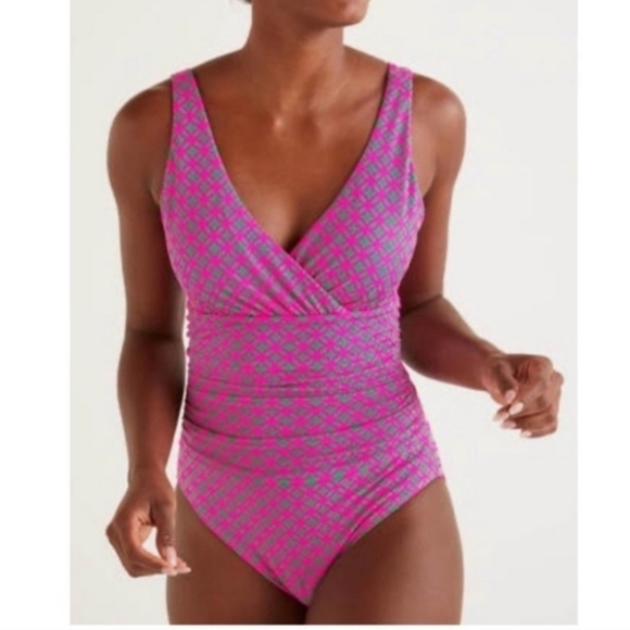 Boden Talamanca pink green geometric print ruched one piece swimsuit - Picture 2 of 10